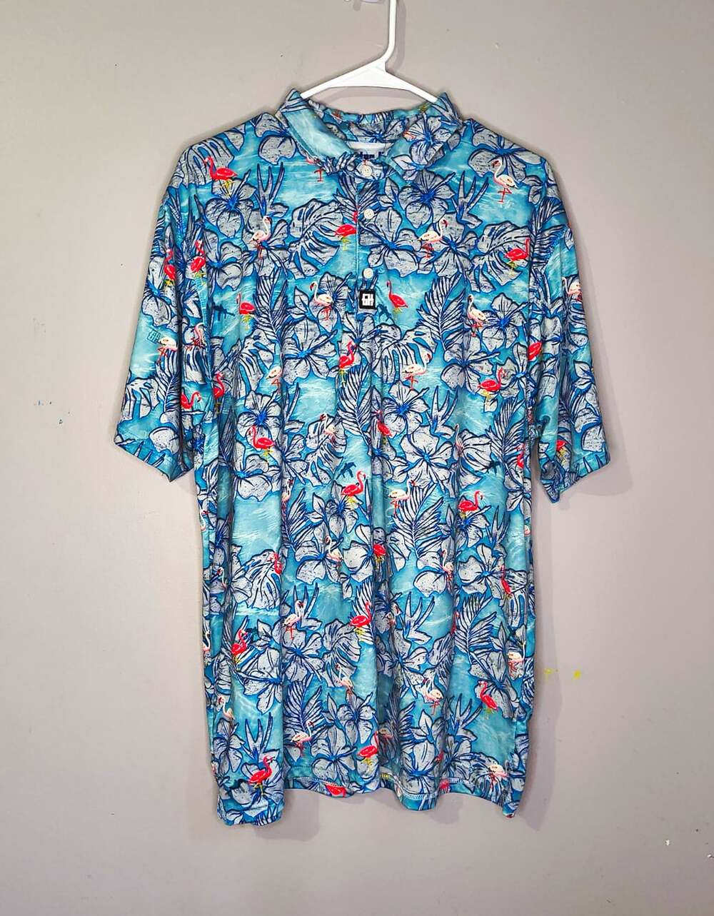 Greater Half Hawaiian Menβs XL Blue Tropical Floral wild mingos Golf Polo